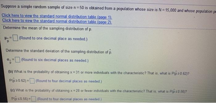Solved Suppose a simple random sample of size n = 50 is | Chegg.com