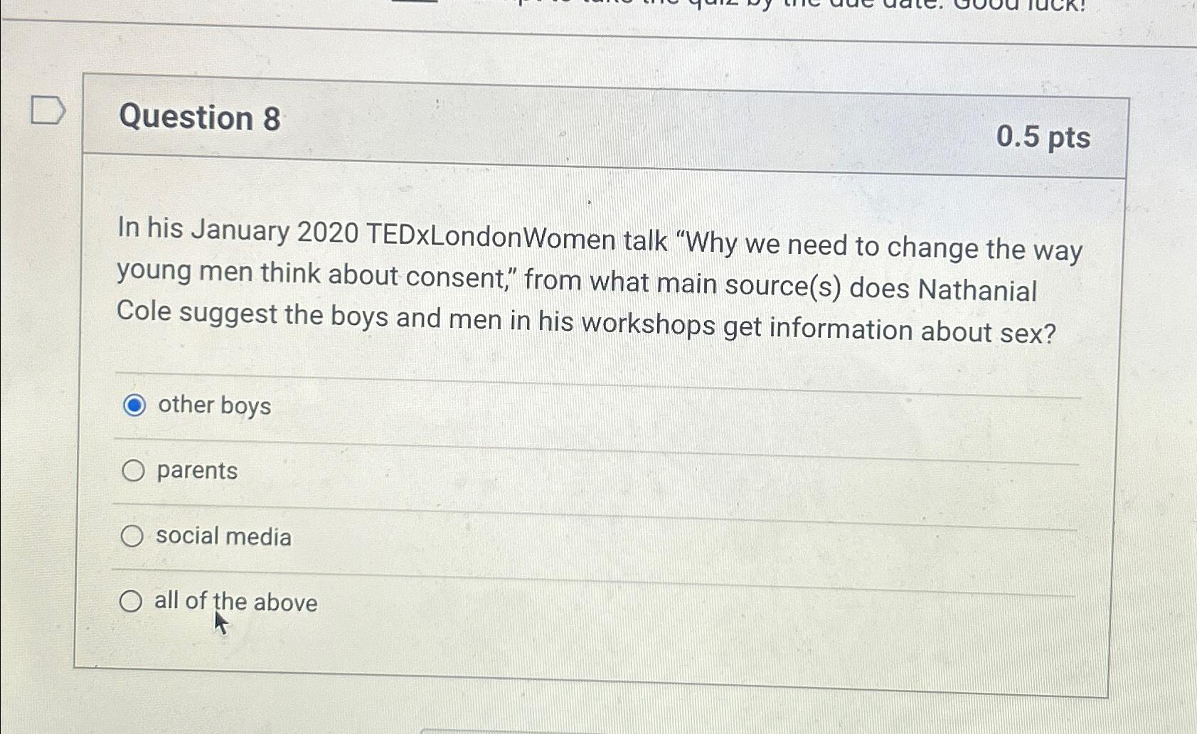 Solved Question 80.5ptsIn his January 2020 ﻿TEDxLondonWomen | Chegg.com