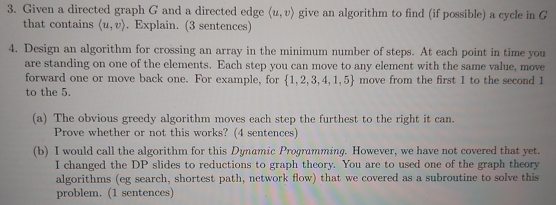 Solved 3. Given a directed graph G and a directed edge (u, | Chegg.com