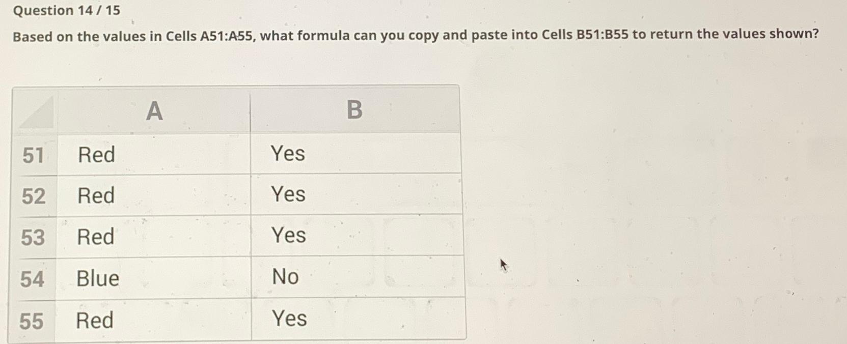 Solved Question 14 / 15Based on the values in Cells A51A55,