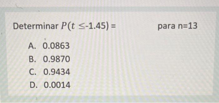 Determinar \( P(t \leq-1.45)= \) para \( n=13 \) A. \( 0.0863 \) B. \( 0.9870 \) C. \( 0.9434 \) D. \( 0.0014 \)