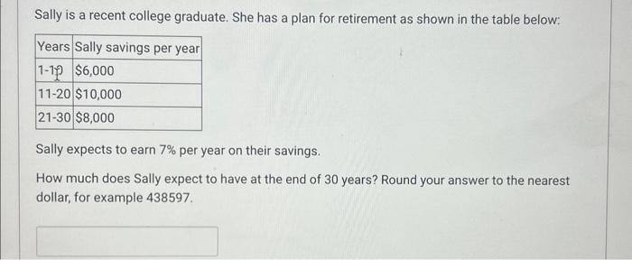 Solved Sally is a recent college graduate. She has a plan | Chegg.com