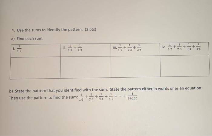 Solved 4. Use the sums to identify the pattern. (3 pts) a) | Chegg.com