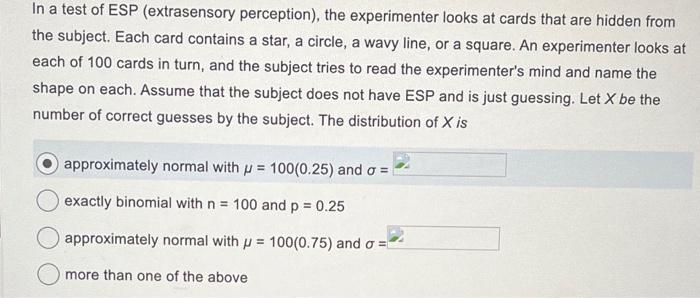 Solved In a test of ESP (extrasensory perception), the | Chegg.com