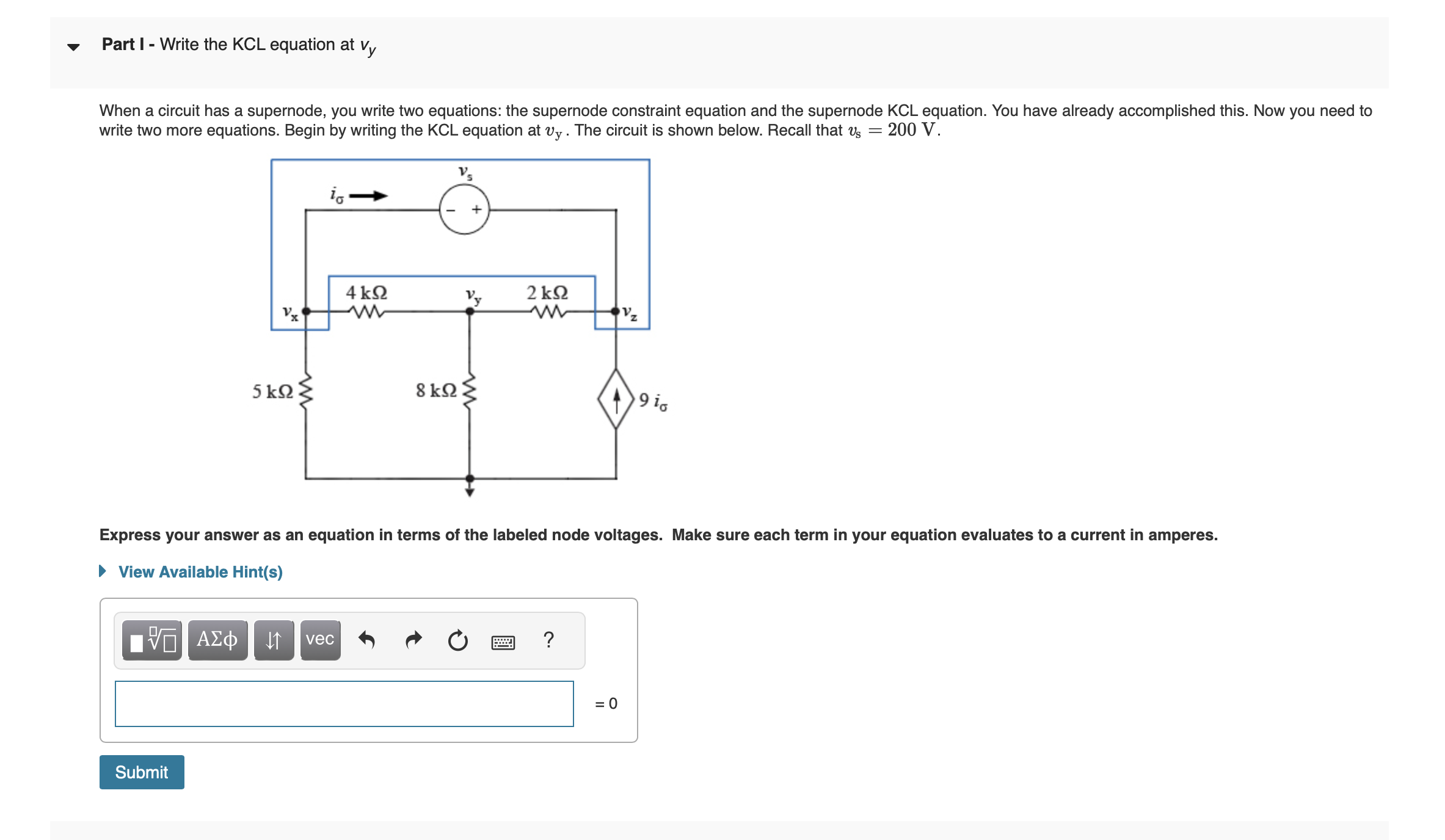 Part I - Write the KCL equation at vyWhen a circuit | Chegg.com