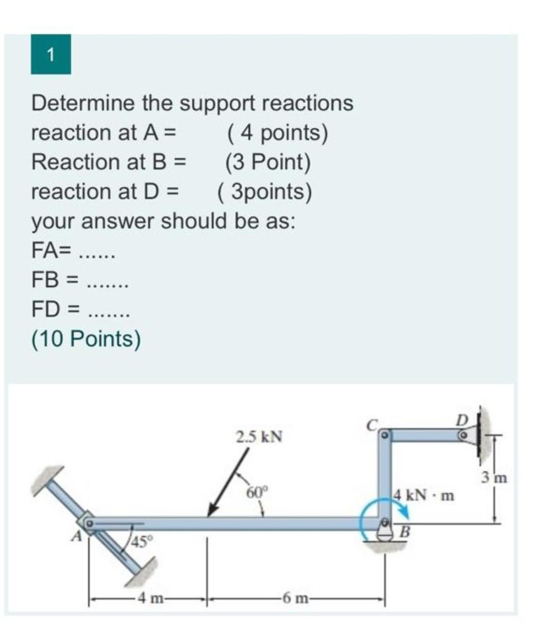Solved 1 Determine the support reactions reaction at A= ( 4 | Chegg.com