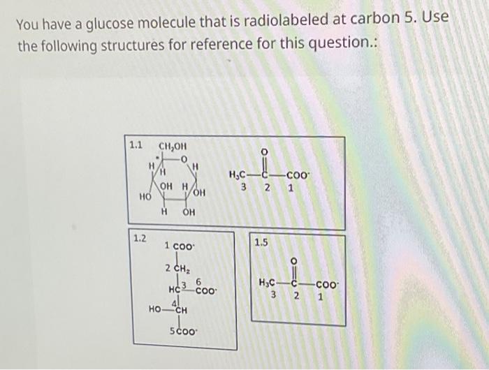 Solved glucose molecule that is radiolabeled at carbon 5. qu