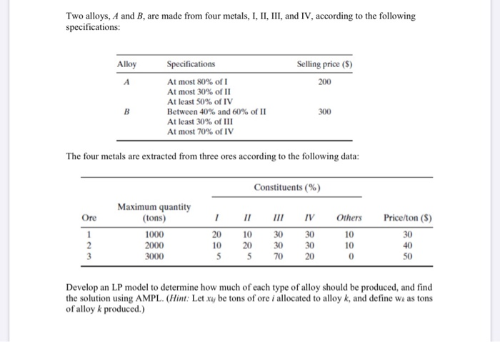 Solved Two Alloys, A And B, Are Made From Four Metals, I, | Chegg.com