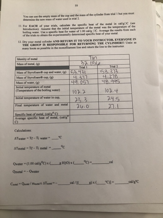 Solved 59 You Can Use The Empty Mass Of The Cup And The M Chegg Com