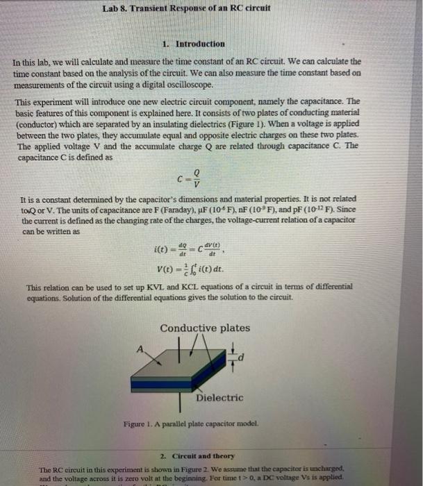 Lab 8. Transient Response of an RC circuit 1. | Chegg.com