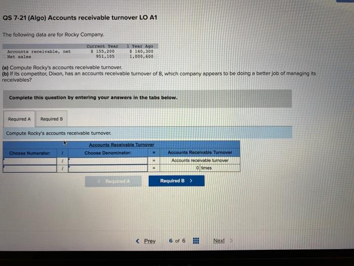 Solved QS 7-21 (Algo) Accounts Receivable Turnover LO A1 The | Chegg.com