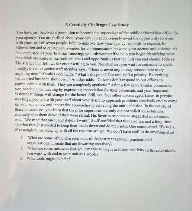 Solved The uploaded file about A Creativity Challenge Case | Chegg.com