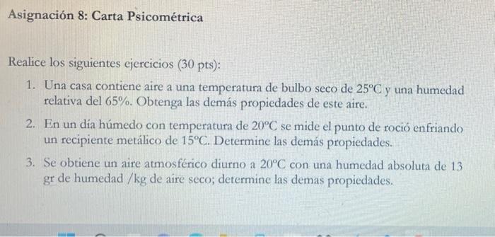 Asignación 8: Carta Psicométrica Realice los siguientes ejercicios (30 pts): 1. Una casa contiene aire a una temperatura de b