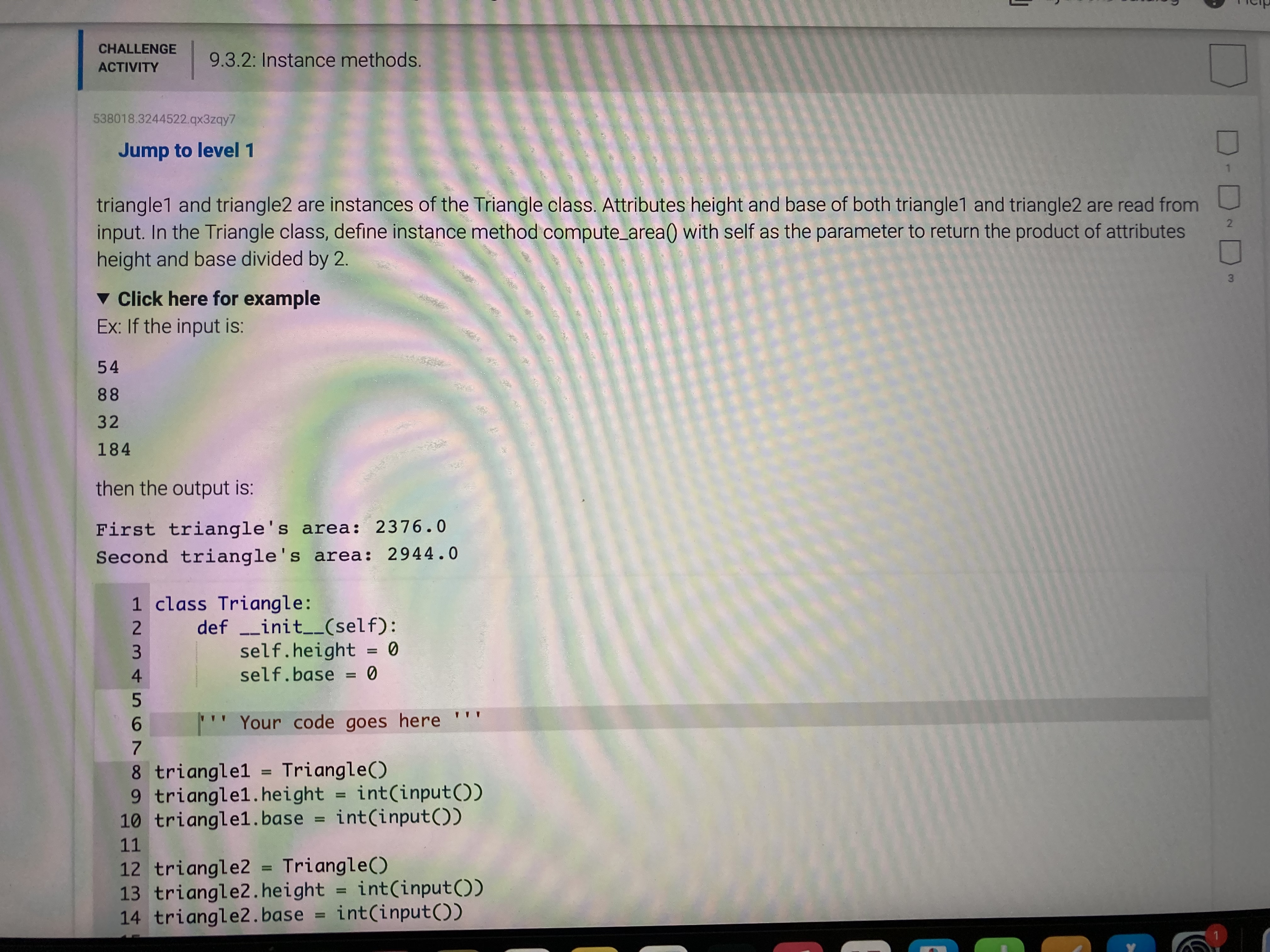 Solved (Python problem) 9.3.2: Instance methods triangle1 | Chegg.com
