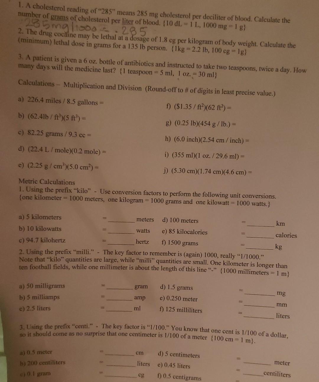 Solved 1 A Cholesterol Reading Of 285 Means 285 Mg Chegg Com
