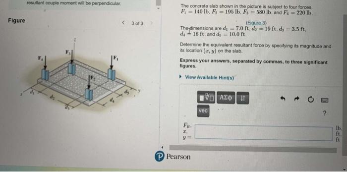 The concrete slab shown in the picture is subject to four forces.
\( F_{1}=140 \mathrm{lb}, F_{2}=195 \mathrm{lb}, F_{3}=580 