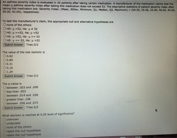 Solved An asthma severity Index is evaluated in 25 patients