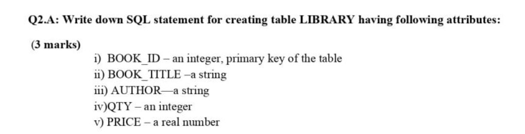 Solved Q2.A: Write down SQL statement for creating table | Chegg.com