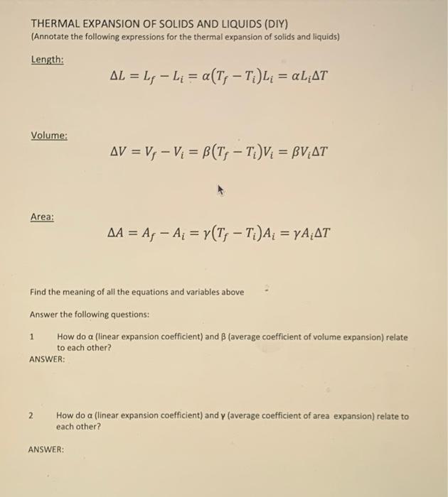 Solved THERMAL EXPANSION OF SOLIDS AND LIQUIDS (DIY)