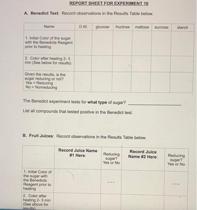 Solved REPORT SHEET FOR EXPERIMENT 10 A. Benedict Test: | Chegg.com