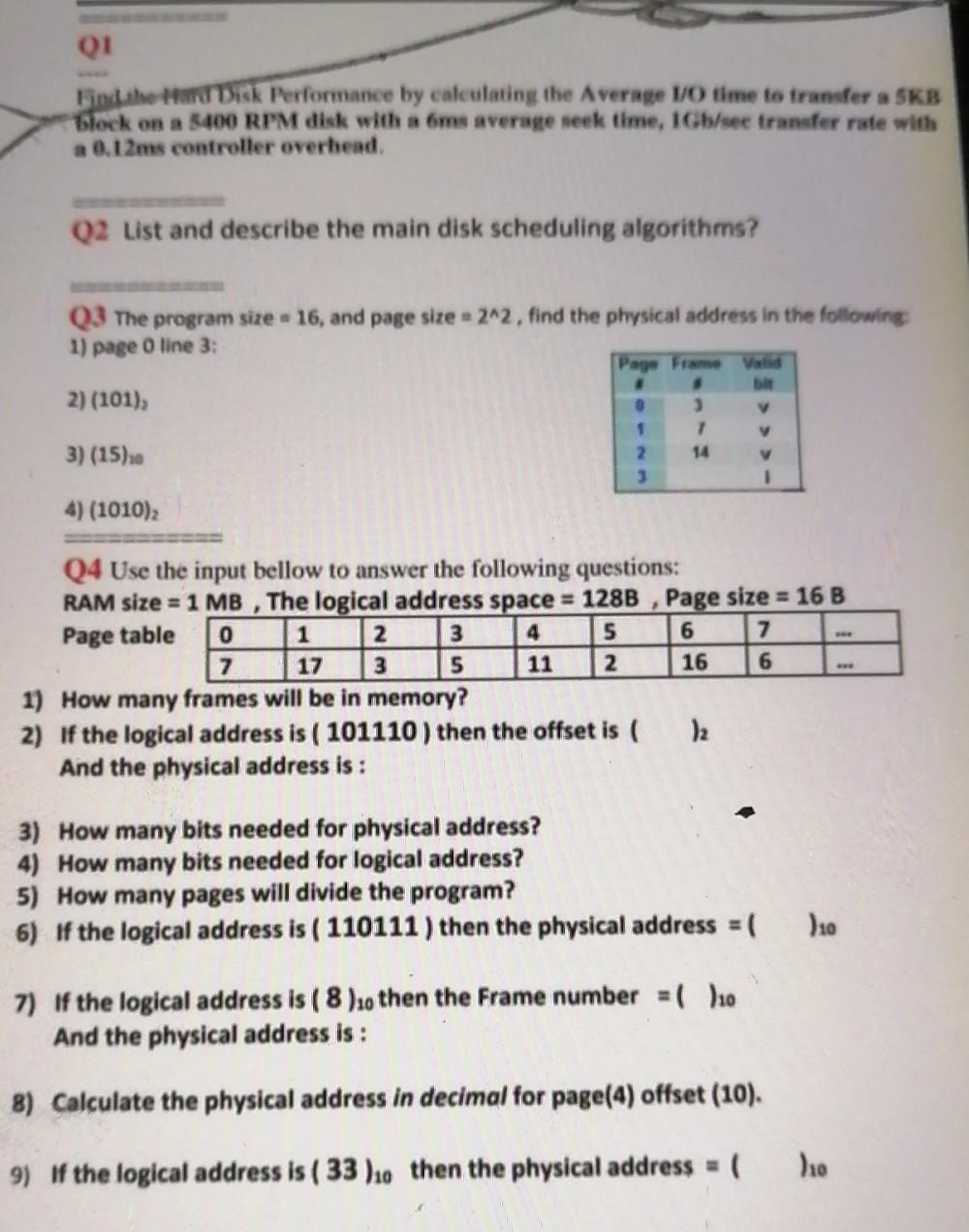 Q1 Hindi Hard Disk Performance By Calculating The Chegg Com