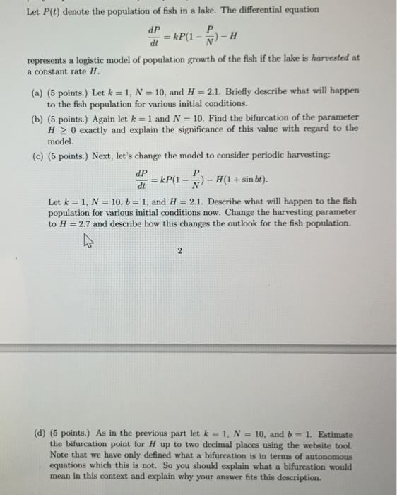 Solved Let P T Denote The Population Of Fish In A Lake Chegg Com