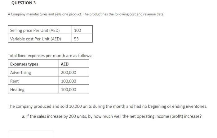 Solved A Company manufactures and sells one product. The | Chegg.com