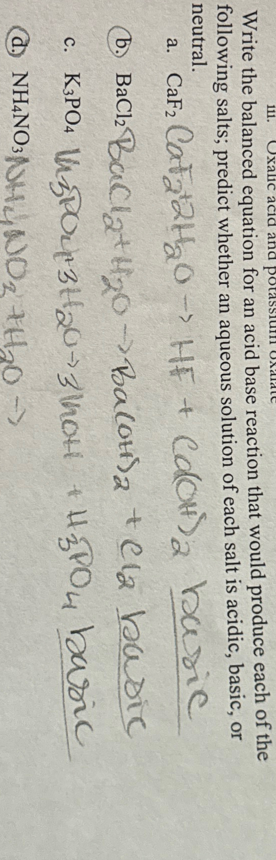 Solved write the balanced equation for an acid base reaction | Chegg.com
