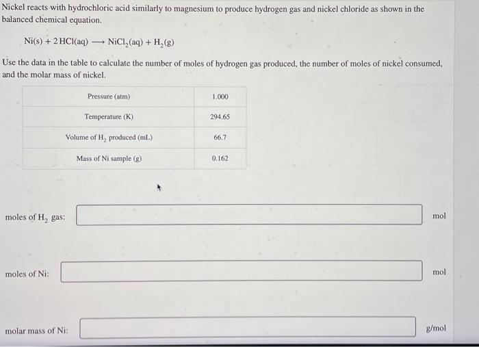 Solved Nickel reacts with hydrochloric acid similarly to