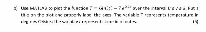 Solved b) Use MATLAB to plot the function T = 6ln(t) – | Chegg.com