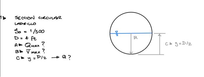 SECCION CIRCULAR LAPRILO \[ \begin{array}{l} S_{0}=1 / 5 \infty \\ D=4 \mathrm{ft} \\ A \rightarrow Q_{\text {max }} ? \\ B \