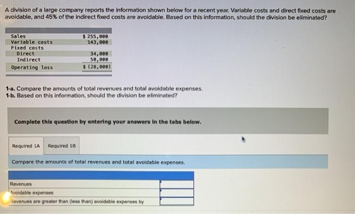 Solved A division of a large company reports the information | Chegg.com