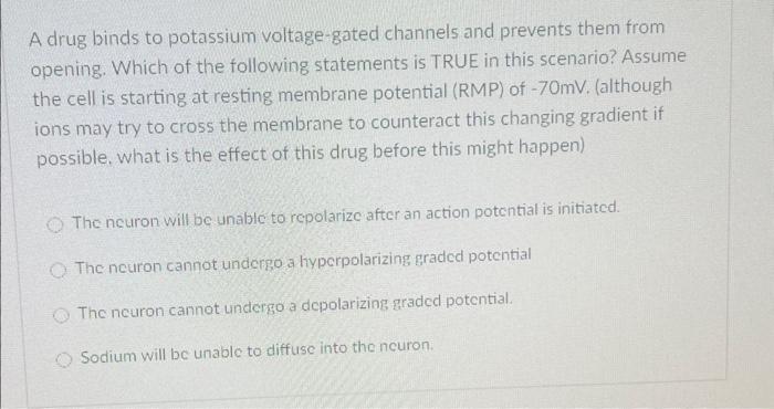 A drug binds to potassium voltage-gated channels and prevents them from opening. Which of the following statements is TRUE in