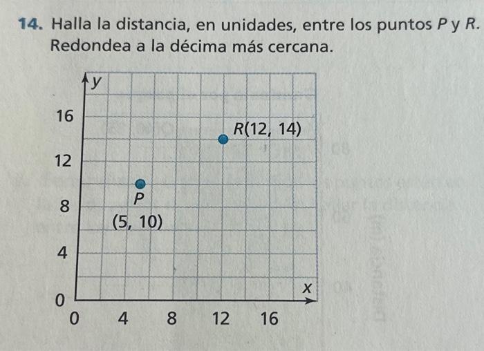 14. Halla la distancia, en unidades, entre los puntos \( P \) y \( R \). Redondea a la décima más cercana.