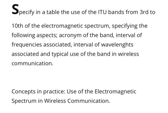 Solved Specify in a table the use of the ITU bands from 3rd | Chegg.com