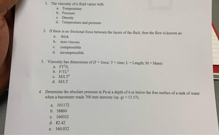 Solved a. 1. The viscosity of a fluid varies with a. | Chegg.com