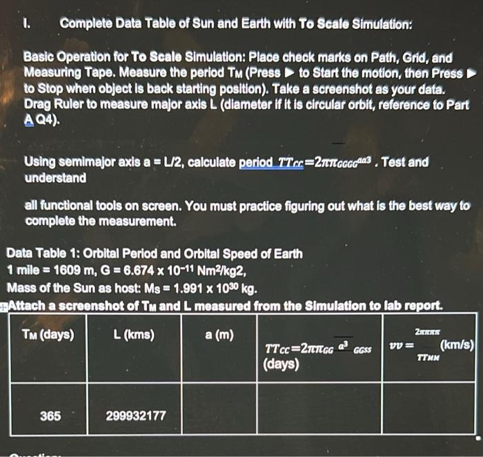 Solved I. Complete Data Table of Sun and Earth with To Seate | Chegg.com