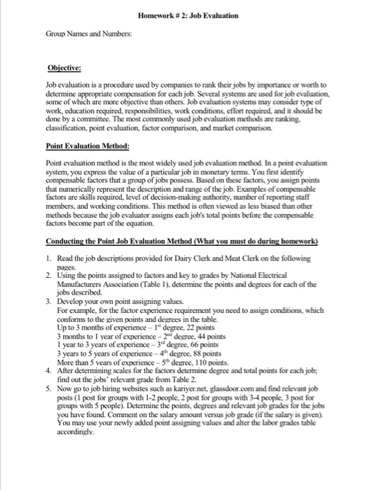 Homework #2: Job Evaluation Group Names and Numbers: | Chegg.com