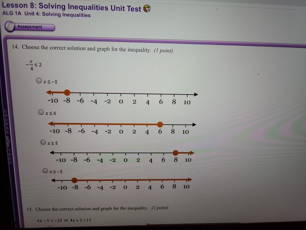 Solved Lesson 8 Solving Inequalities Unit Test ALG 1A Unit