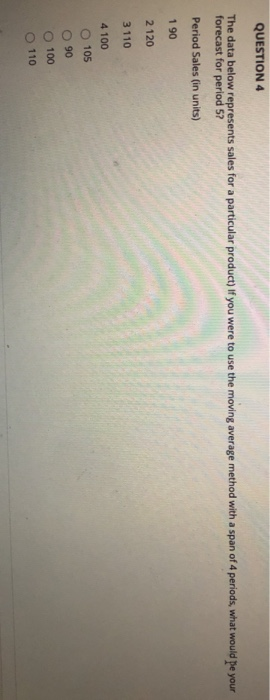 Solved QUESTION 4 The data below represents sales for a | Chegg.com