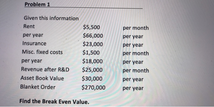 Problem 1 Given this information Rent per year Insurance Misc. fixed costs per year Revenue after R&D Asset Book Value Blanke