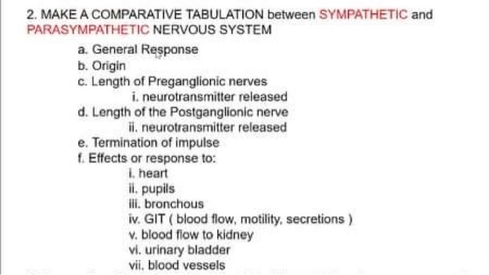 Solved 2. MAKE A COMPARATIVE TABULATION between SYMPATHETIC | Chegg.com
