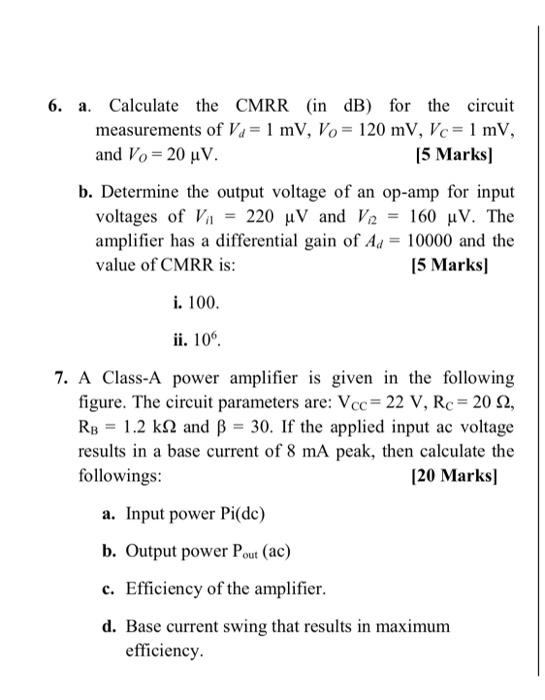 Solved 6. A. Calculate The CMRR (in DB) For The Circuit | Chegg.com