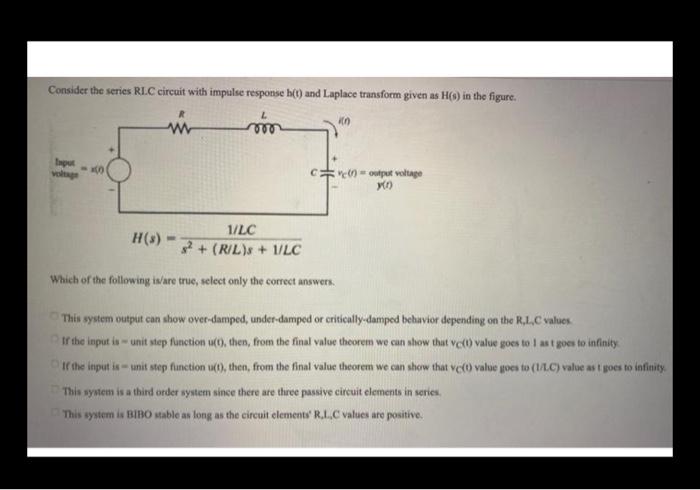 Solved Consider the series RLC circuit with impulse response | Chegg.com