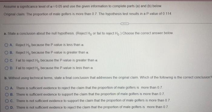 Solved Assume A Significance Level Of A=0.05 And Use The | Chegg.com