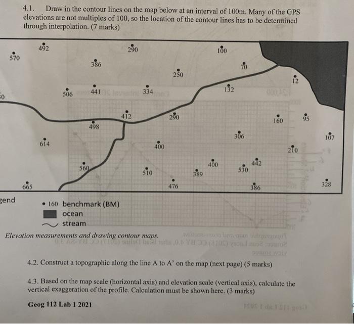 Solved 4.1. Draw in the contour lines on the map below at an | Chegg.com