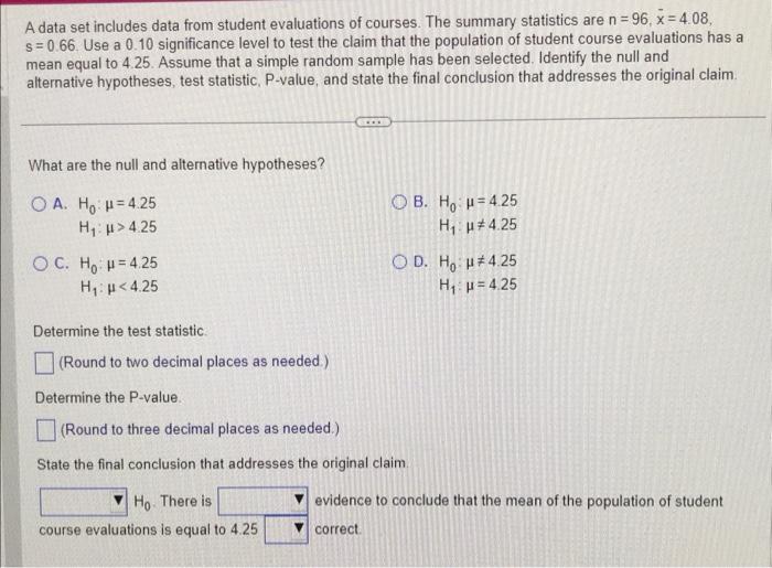 Solved A data set includes data from student evaluations of | Chegg.com