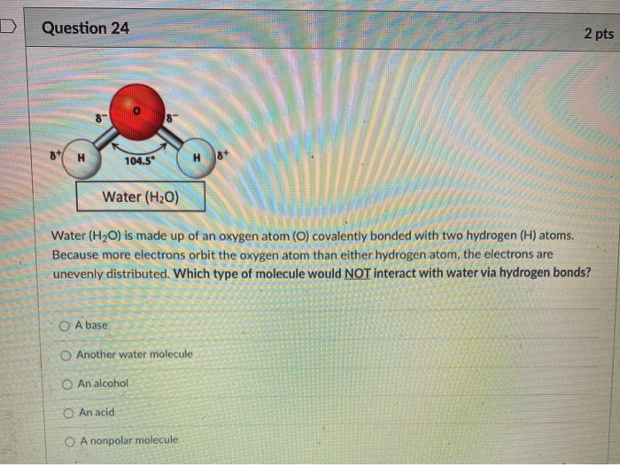 Solved Question 24 2 pts 87 H 104.5 H Water (H20) Water
