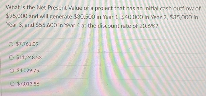 Solved What is the Net Present Value of a project that has | Chegg.com