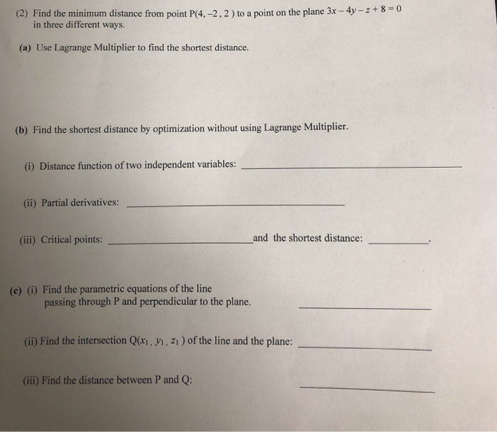 Solved (2) Find the minimum distance from point P(4.-2.2) to | Chegg.com
